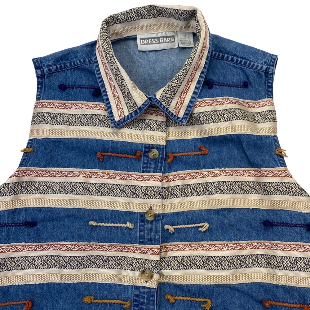 Dressbarn Denim Vest Womens Medium Blue Tapestry Tassel Button Front Vintage